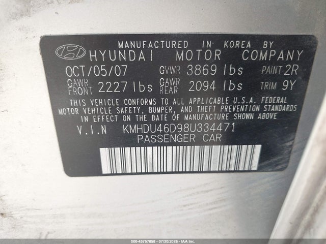 45757858 :رقم المزاد ، KMHDU46D98U334471 vin ، 2008 Hyundai Elantra Gls/se مزاد بيع