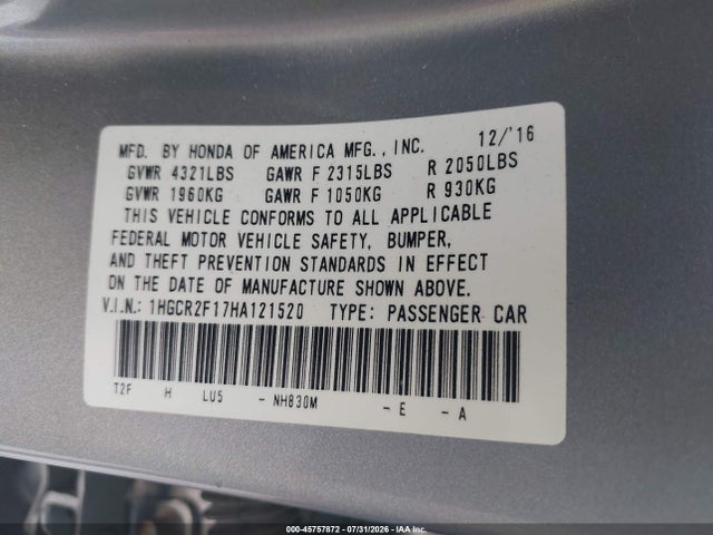 1HGCR2F17HA121520 Honda Accord Sport Se