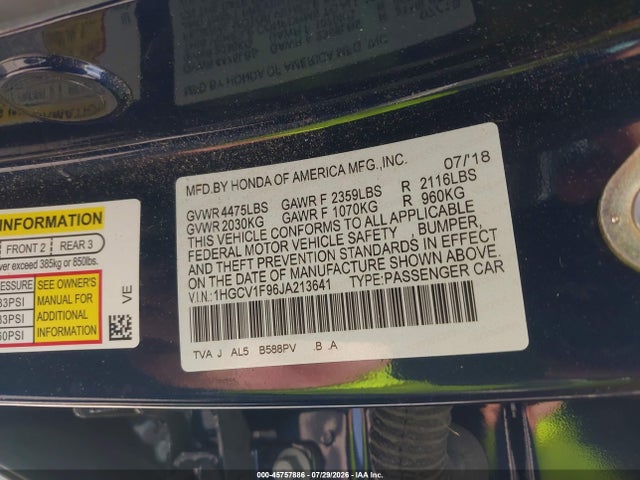 45757886 :رقم المزاد ، 1HGCV1F96JA213641 vin ، 2018 Honda Accord Touring مزاد بيع