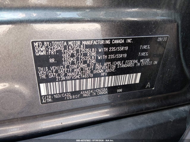 Продажа на аукционе авто 2021 Toyota Rav4 Limited, vin: 2T3N1RFV5MC146519, номер лота: 45757902