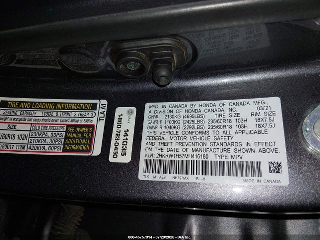 45757914 :رقم المزاد ، 2HKRW1H57MH416180 vin ، 2021 Honda Cr-v 2wd Ex مزاد بيع