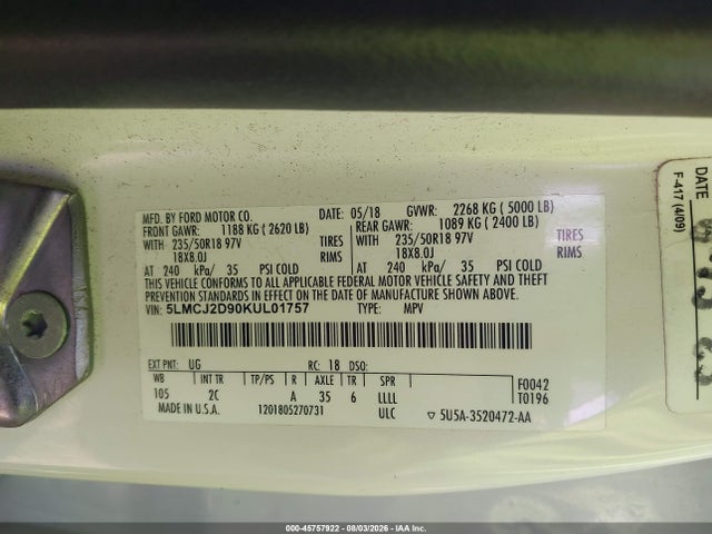 45757922 :رقم المزاد ، 5LMCJ2D90KUL01757 vin ، 2019 Lincoln Mkc Select مزاد بيع