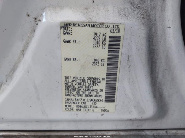 Nissan Altima 2.5 Sl 2018 1N4AL3AP2JC190804 Image 9