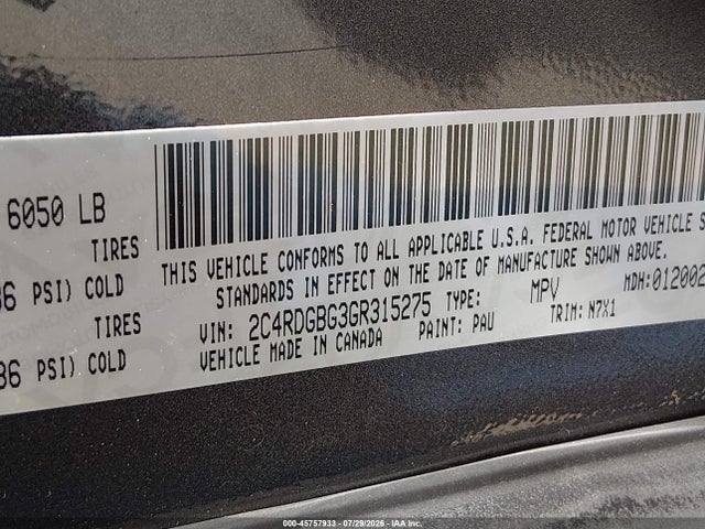 Aukcja sprzedaży 2016 Dodge Grand Caravan Se Plus, vin: 2C4RDGBG3GR315275, numer aukcji: 45757933