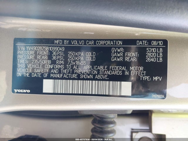 Продажа на аукционе авто 2011 Volvo Xc70 3.0t, vin: YV4902BZ5B1099049, номер лота: 45757936