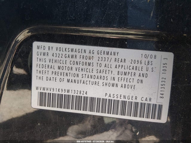 45757945 :رقم المزاد ، WVWHV91K99W132824 vin ، 2009 Volkswagen Gti 4-door مزاد بيع