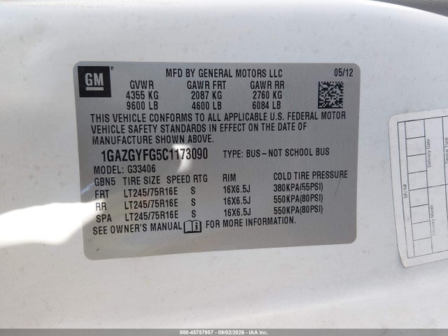45757957 :رقم المزاد ، 1GAZGYFG5C1173090 vin ، 2012 Chevrolet Express 3500 Lt مزاد بيع