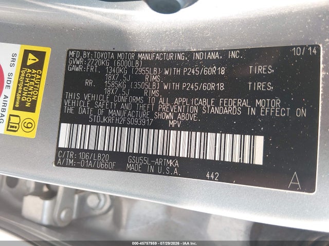 45757959 :رقم المزاد ، 5TDJKRFH2FS093917 vin ، 2015 Toyota Highlander Xle V6 مزاد بيع