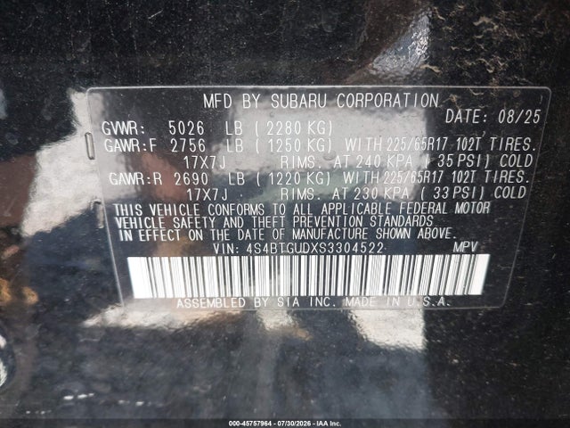 45757964 :رقم المزاد ، 4S4BTGUDXS3304522 vin ، 2025 Subaru Outback Wilderness مزاد بيع