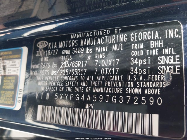 2018 Kia Sorento 3.3l Lx მანქანა იყიდება აუქციონზე, vin: 5XYPG4A59JG372590, აუქციონის ნომერი: 45757966
