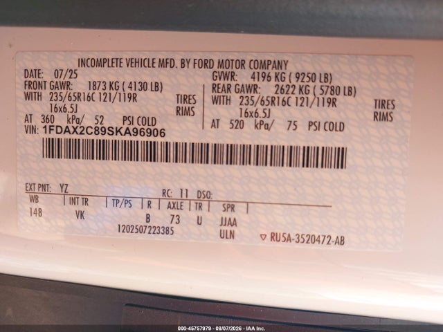 Продажа на аукционе авто 2025 Ford Transit-350 Passenger Van Xl, vin: 1FDAX2C89SKA96906, номер лота: 45757979