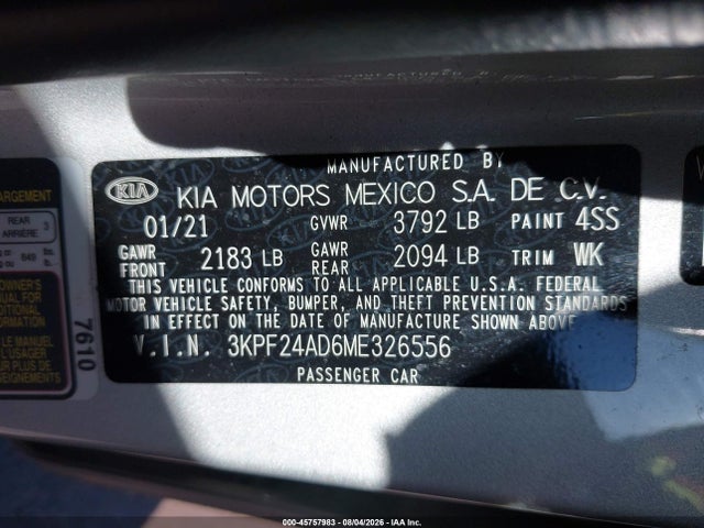 Auction sale of the 2021 Kia Forte Lxs, vin: 3KPF24AD6ME326556, lot number: 45757983