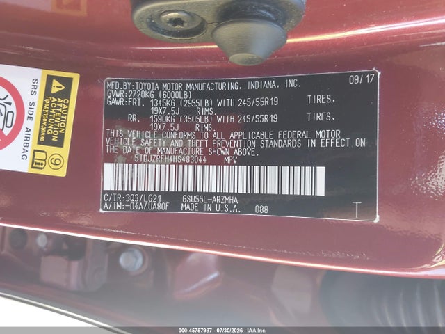 45757987 :رقم المزاد ، 5TDJZRFH4HS483044 vin ، 2017 Toyota Highlander Se مزاد بيع