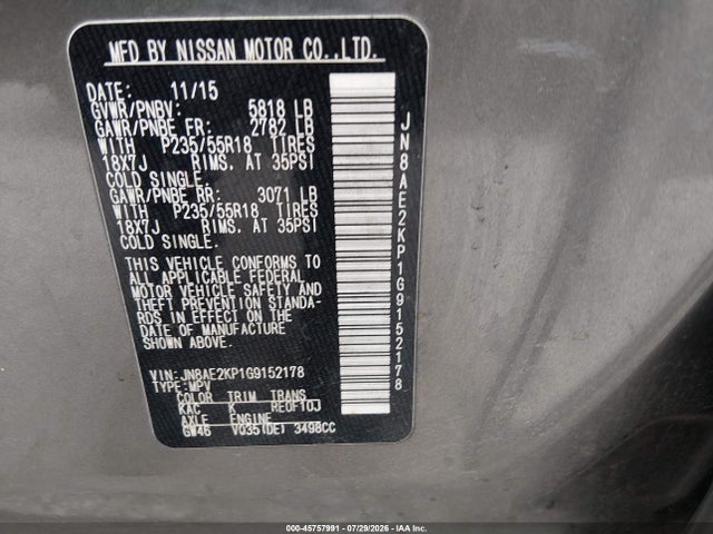 2016 Nissan Quest Sl მანქანა იყიდება აუქციონზე, vin: JN8AE2KP1G9152178, აუქციონის ნომერი: 45757991