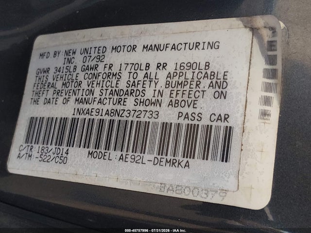 Продажа на аукционе авто 1992 Toyota Corolla, vin: 1NXAE91A8NZ372733, номер лота: 45757996