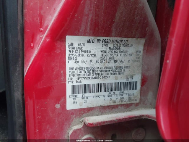 2011 Ford Super Duty F-250 Srw Xlt მანქანა იყიდება აუქციონზე, vin: 1FT7W2B63BEC86247, აუქციონის ნომერი: 45758001