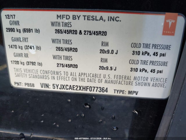 Продажа на аукционе авто 2017 Tesla Model X 100d/75d/90d, vin: 5YJXCAE2XHF077364, номер лота: 45758004