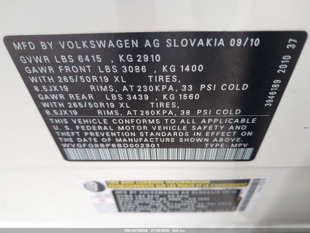 Aukcja sprzedaży 2011 Volkswagen Touareg Hybrid, vin: WVGFG9BP6BD002301, numer aukcji: 45758006