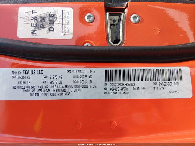 2019 Dodge Charger Sxt Rwd მანქანა იყიდება აუქციონზე, vin: 2C3CDXBG6KH653052, აუქციონის ნომერი: 45758008