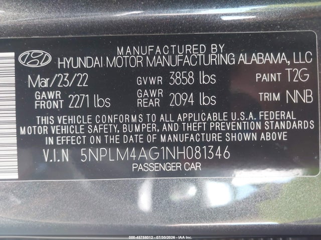 5NPLM4AG1NH081346 Hyundai ELANTRA SEL