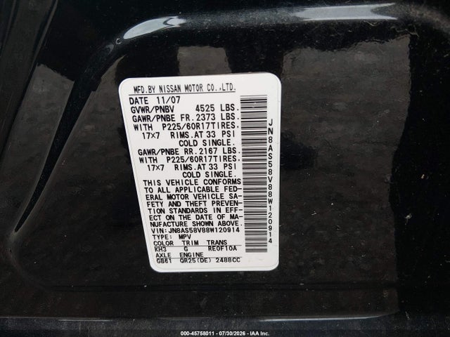 Продаж на аукціоні авто 2008 Nissan Rogue Sl, vin: JN8AS58V88W120914, номер лоту: 45758011