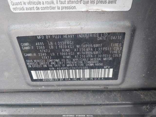 45758022 :رقم المزاد ، 4S4BRDLC2A2375580 vin ، 2010 Subaru Outback 3.6r Limited مزاد بيع