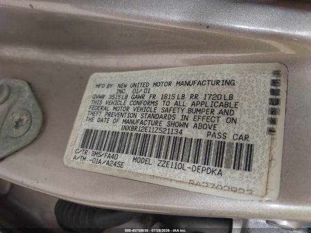 Продаж на аукціоні авто 2001 Toyota Corolla Le, vin: 1NXBR12E11Z521134, номер лоту: 45758030