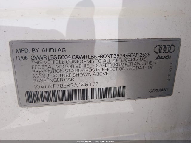 Продаж на аукціоні авто 2007 Audi A4 2.0t Avant, vin: WAUKF78E87A146177, номер лоту: 45758031