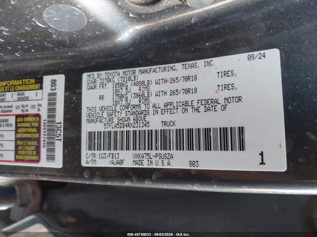 Продажа на аукционе авто 2024 Toyota Tundra Sr5, vin: 5TFLA5DB4RX231345, номер лота: 45758033