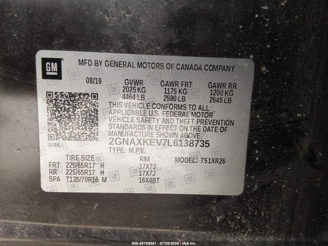 45758047 :رقم المزاد ، 2GNAXKEV7L6138735 vin ، 2020 Chevrolet Equinox Fwd Lt 1.5l Turbo مزاد بيع