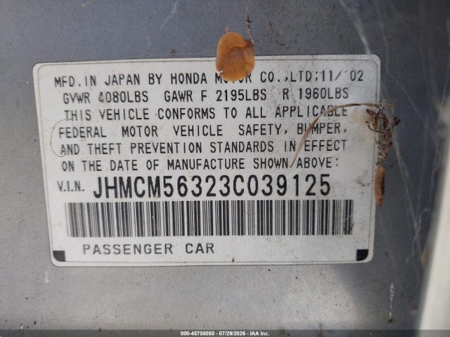 45758050 :رقم المزاد ، JHMCM56323C039125 vin ، 2003 Honda Accord Lx مزاد بيع