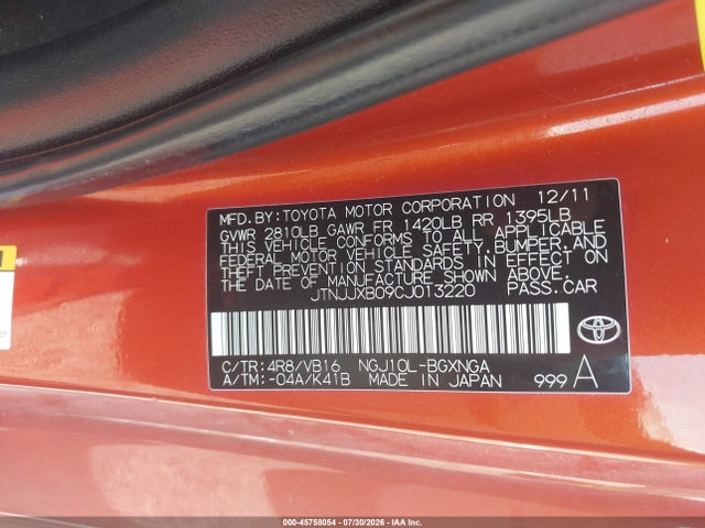 45758054 :رقم المزاد ، JTNJJXB09CJ013220 vin ، 2012 Scion Iq مزاد بيع