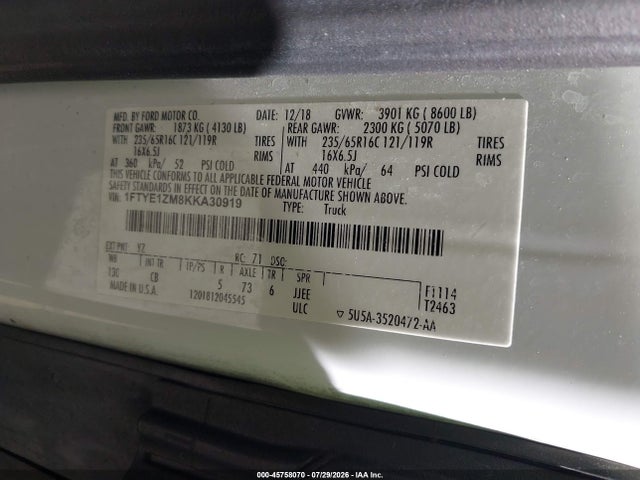 45758070 :رقم المزاد ، 1FTYE1ZM8KKA30919 vin ، 2019 Ford Transit-150 مزاد بيع