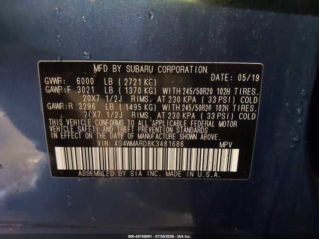 45758091 :رقم المزاد ، 4S4WMARD8K3481686 vin ، 2019 Subaru Ascent Touring مزاد بيع