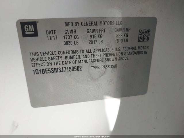 45758093 :رقم المزاد ، 1G1BE5SM3J7150502 vin ، 2018 Chevrolet Cruze Lt Auto مزاد بيع