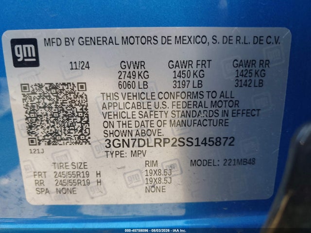 Aukcja sprzedaży 2025 Chevrolet Equinox Ev Lt, vin: 3GN7DLRP2SS145872, numer aukcji: 45758096