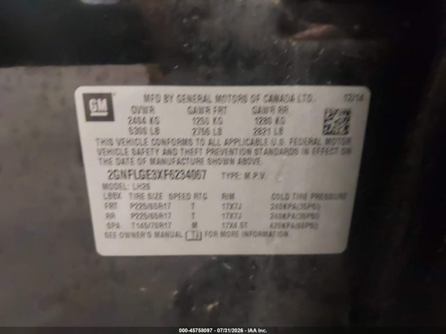 Auction sale of the 2015 Chevrolet Equinox Lt, vin: 2GNFLGE3XF6234067, lot number: 45758097