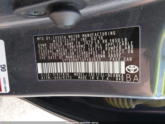 Toyota COROLLA LE 2016 5YFBURHE5GP483633 Image 9