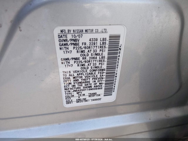 Aukcja sprzedaży 2008 Nissan Rogue Sl, vin: JN8AS58T18W008468, numer aukcji: 45758123