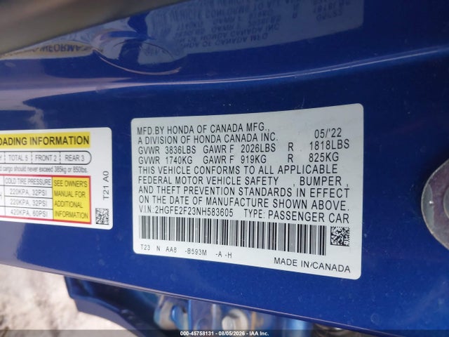 2HGFE2F23NH583605 Honda Civic Lx