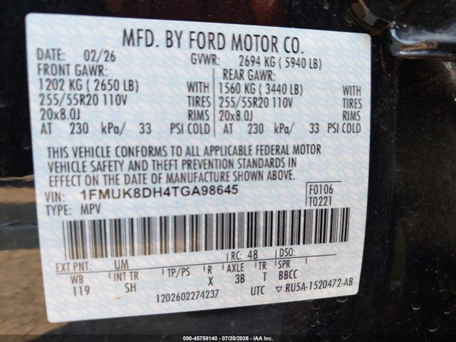 45758140 :رقم المزاد ، 1FMUK8DH4TGA98645 vin ، 2026 Ford Explorer Active مزاد بيع