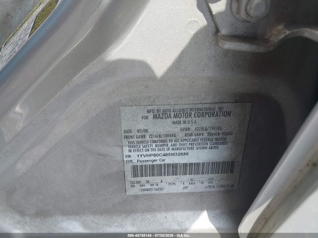 2008 Mazda Mazda6 I Sport Ve მანქანა იყიდება აუქციონზე, vin: 1YVHP80C485M32686, აუქციონის ნომერი: 45758145