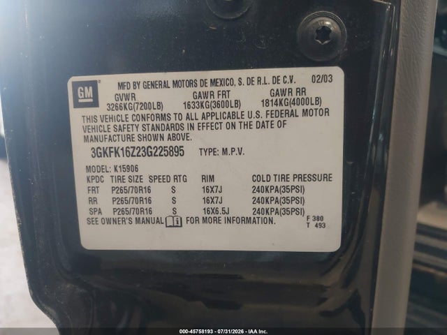 45758193 :رقم المزاد ، 3GKFK16Z23G225895 vin ، 2003 Gmc Yukon Xl 1500 Slt مزاد بيع