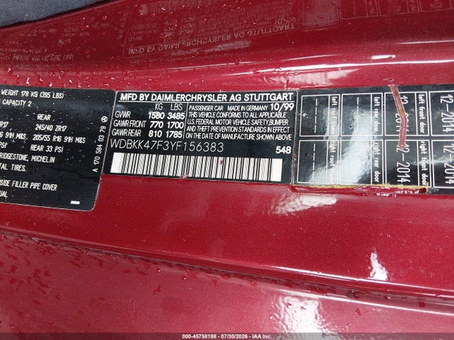 2000 Mercedes-benz Slk 230 Kompressor მანქანა იყიდება აუქციონზე, vin: WDBKK47F3YF156383, აუქციონის ნომერი: 45758198