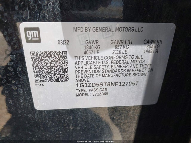 2022 Chevrolet Malibu Fwd Lt მანქანა იყიდება აუქციონზე, vin: 1G1ZD5ST8NF127057, აუქციონის ნომერი: 45758205