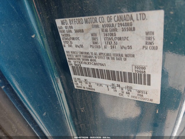 Auction sale of the 2000 Ford F-150 Lariat/work Series/xl/xlt, vin: 2FTRX18LXYCB07861, lot number: 45758206
