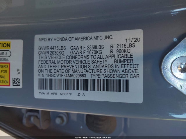 1HGCV1F34MA020663 Honda Accord Sport