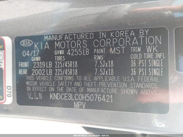 Aukcja sprzedaży 2017 Kia Niro Touring, vin: KNDCE3LC0H5076421, numer aukcji: 45758213