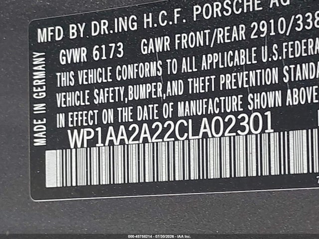 45758214 :رقم المزاد ، WP1AA2A22CLA02301 vin ، 2012 Porsche Cayenne مزاد بيع