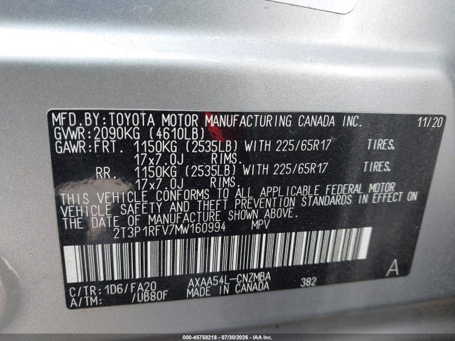 2021 Toyota Rav4 Xle მანქანა იყიდება აუქციონზე, vin: 2T3P1RFV7MW160994, აუქციონის ნომერი: 45758218